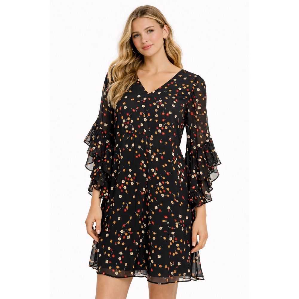 Calvin Klein Floral Chiffon Shift Dress Ruffle Bell Sleeve Black CD0HPR26 Sz 4